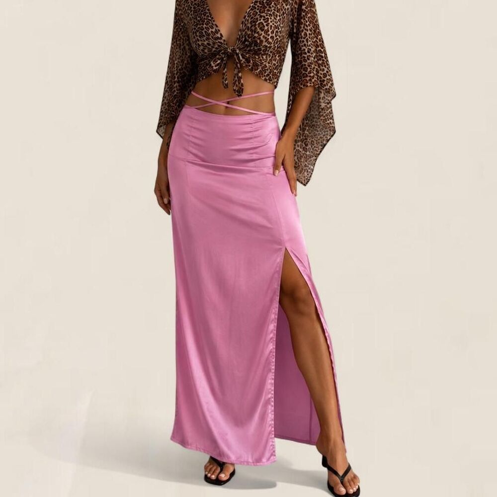 Peppermayo Pink Satin Tie Waist Maxi Skirt Side Slit Size US 4